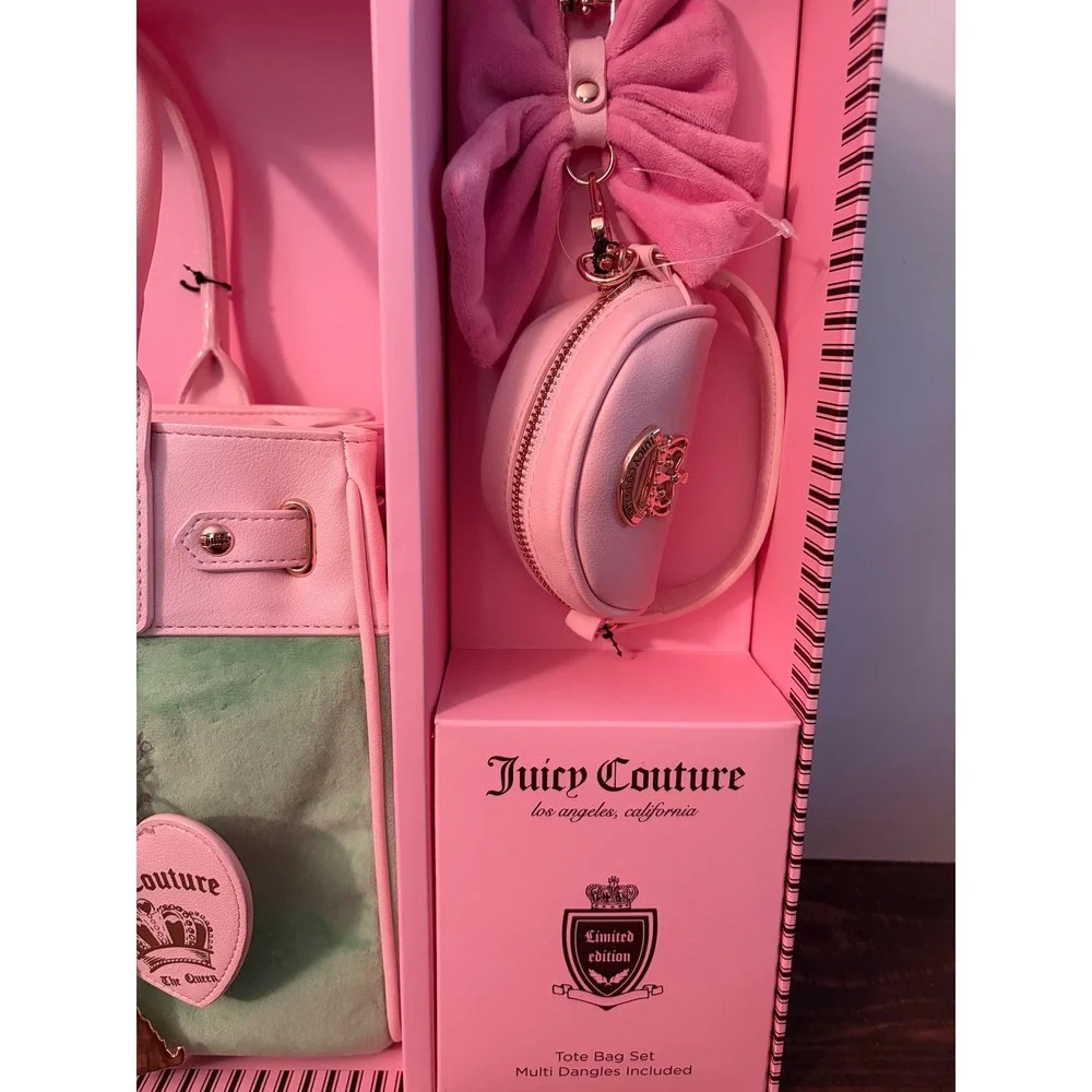 Juicy Couture LE Green Pink Heritage Tote Bag Set with Dangles New in Box